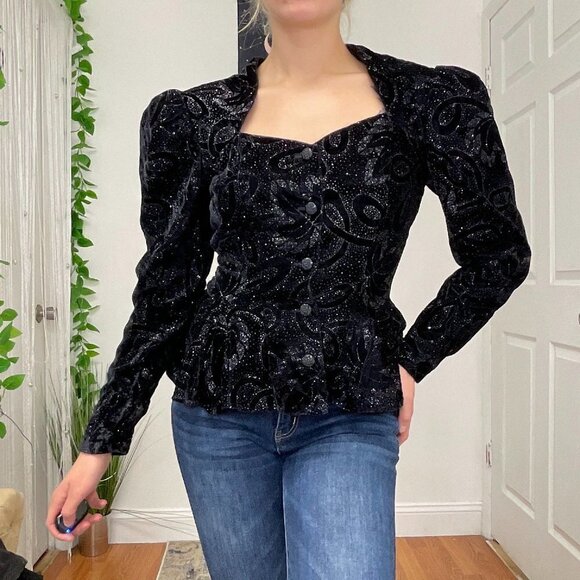 Gunne Sax Button-Up Embellished Velvet Formal Jacket Top Size small Black - Picture 1 of 6